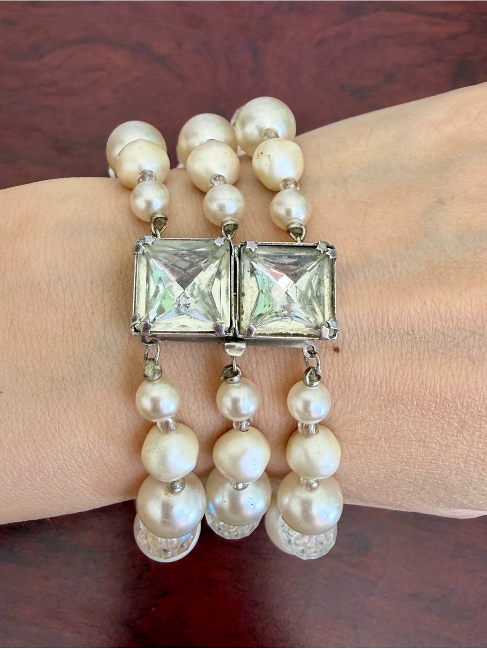 Vintage 1950s 3 Strand Faux Pearl Bracelet 8inch